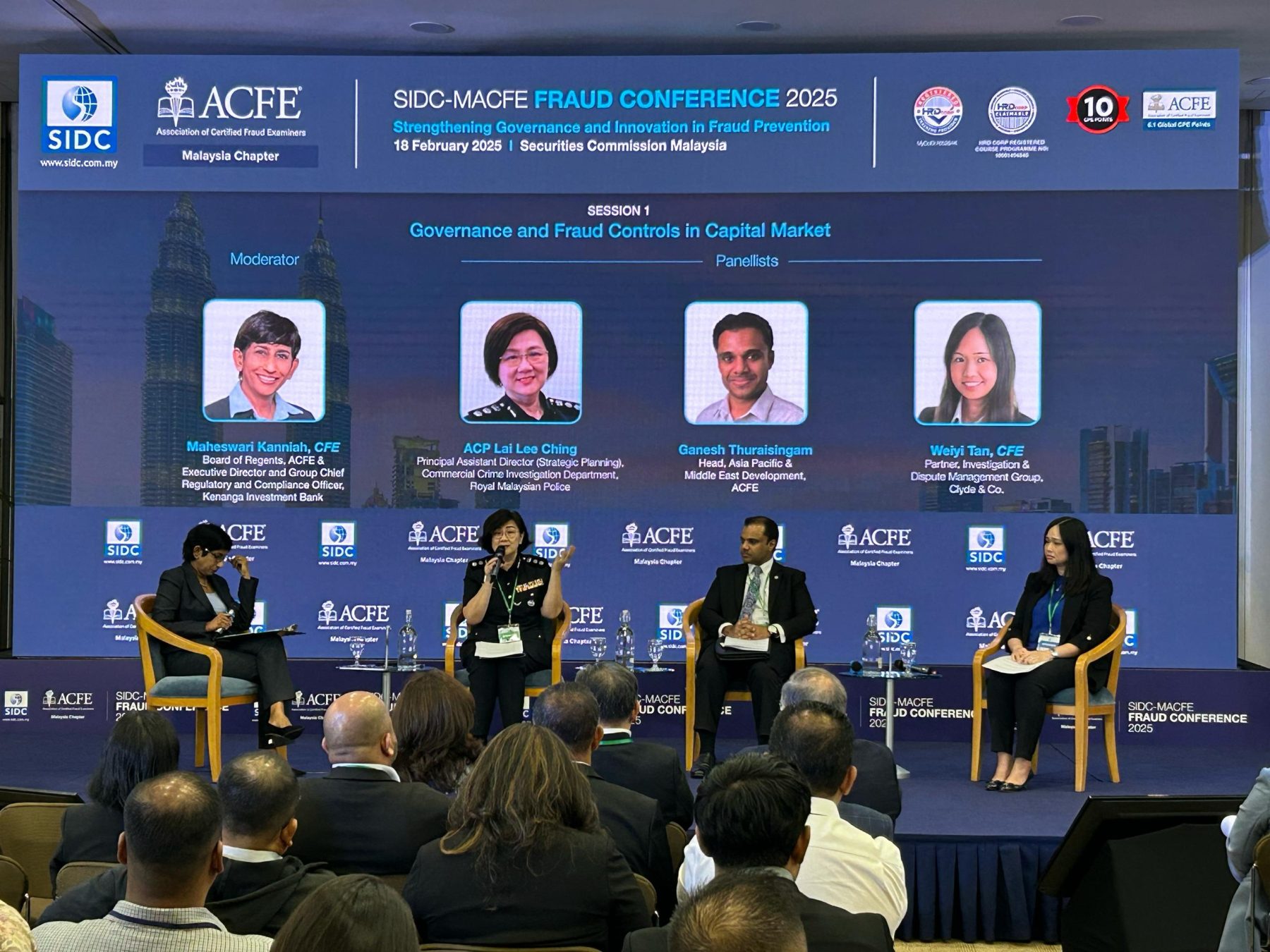 ACP Lai Lee Ching speaking on a governance and fraud controls panel at the SIDC-MACFE Fraud Conference 2025